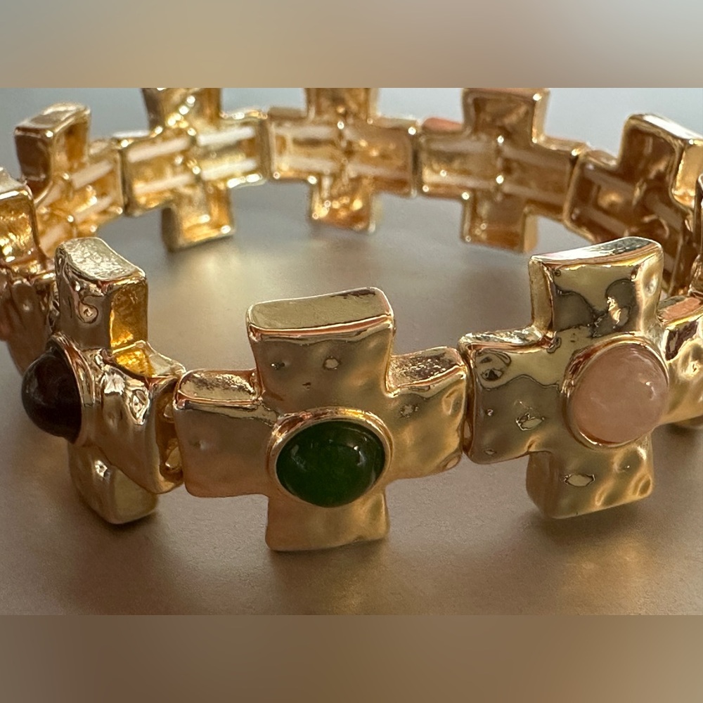 Inspired by Chanel, Maltese Cross Cabochon bracelet with colorful glass stones.